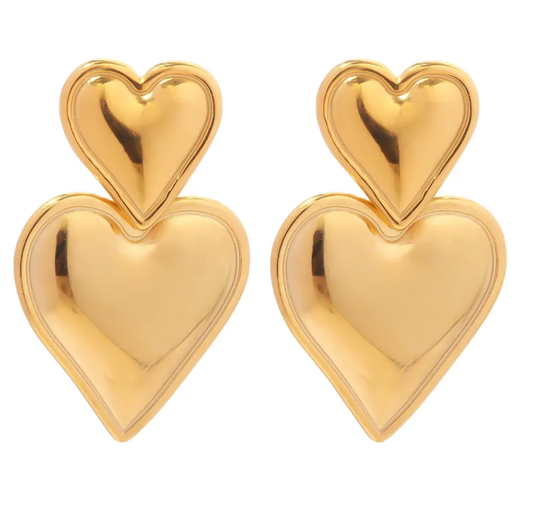 Heart Double Drop Stainless Steel Earring: Yellow Gold